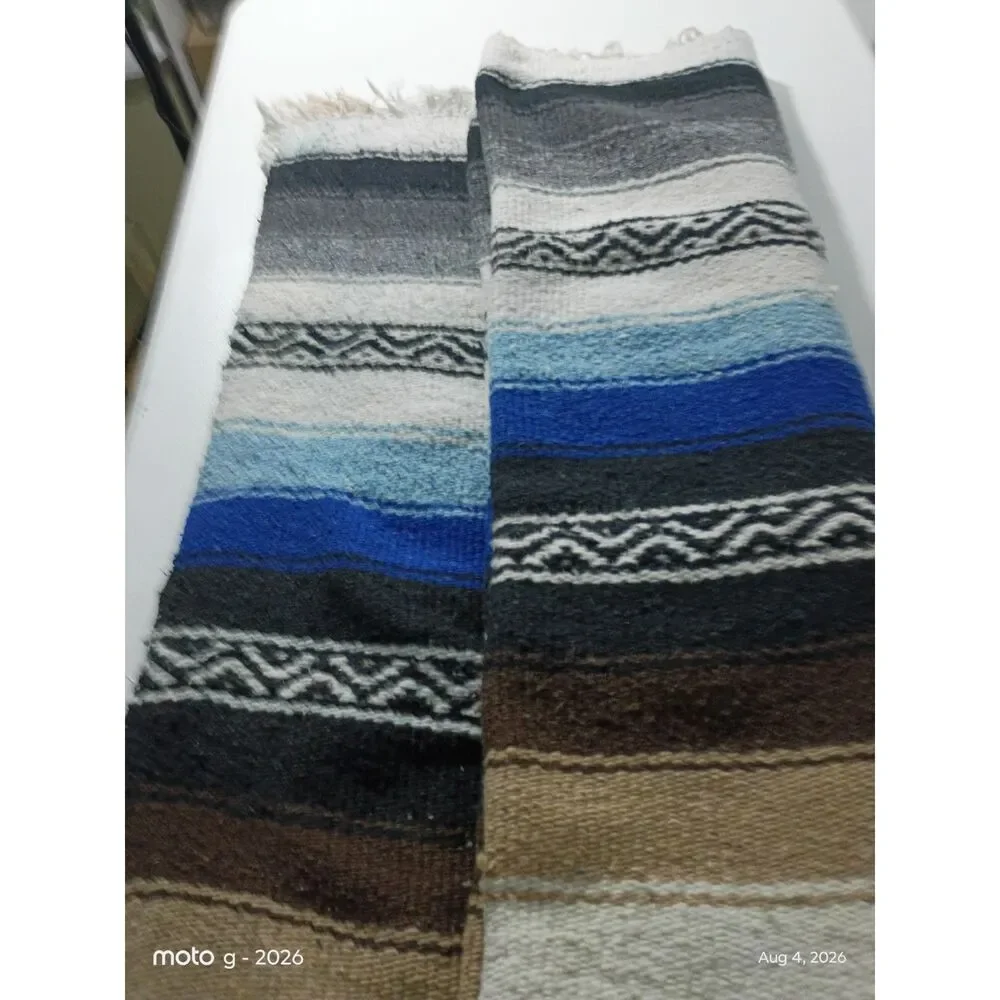 Handwoven Mexican Falsa Blanket - Blue Gray White Diamond Weave Throw